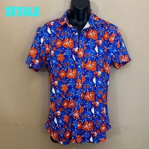Men's Blue and Red Floral Casual Button Down Shirt